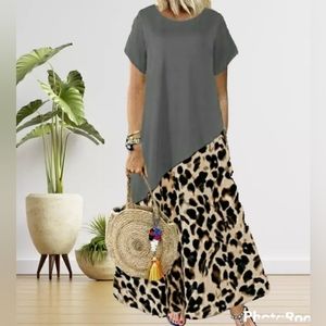 Animal Prints Round Neck Short Sleeve Maxi Dress